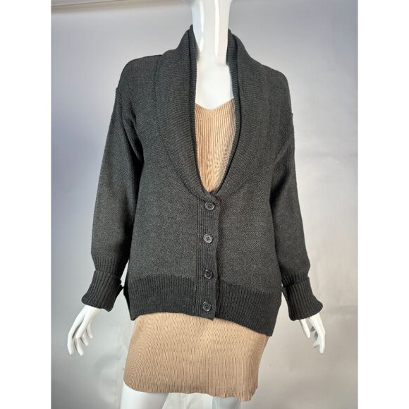 Love Rocks Womens Large Gray Acrylic Shawl Collar Button Cardigan Sweater - Picture 15 of 16